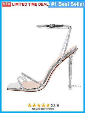 LISHAN Square Toe Rhinestone Studded Slingback Ankle Buckle High Heel Sandals